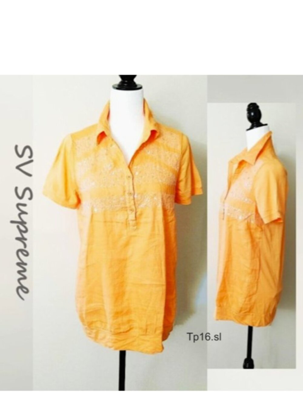 Blouse Linen Blend Orange Shirt Top Sequin Short Sleeved Buttoned Collar Lined